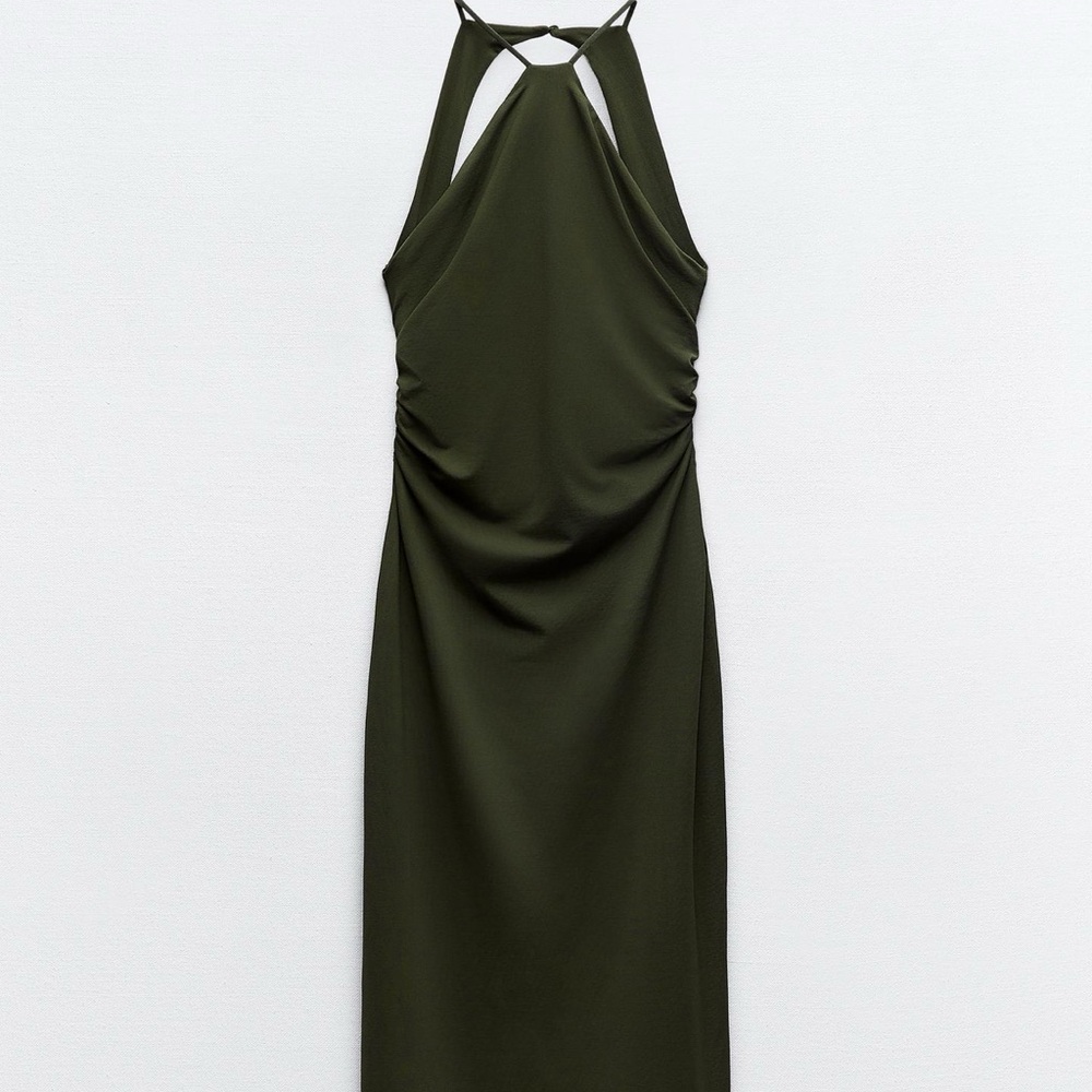 Zara Green Ruched Tie Front Halter Midi Dress